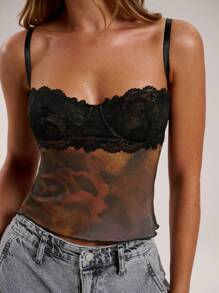 SHEIN BAE 女士撞色蕾丝扎染印花性感吊带背心
