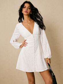 Poéselle 女士优雅纯色提花灯笼袖短款连衣裙 - 白色 - 查看 2