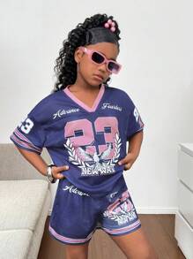 SHIEN Tween Girls 2 chiếc/Bộ Áo thun rộng cổ chữ V in hình cành ô liu tối giản giản dị và quần short Jersey, Bộ đồ thể thao mùa hè - Màu tím - Xem 7