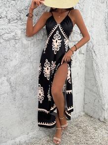 Breezaya 度假休闲细肩带开叉连衣裙，带有随机花卉图案，超长度假海滩装，女士