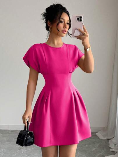 Selianne Women Solid Color Crew Neck Elegant Summer Short Sleeve Mini Dress