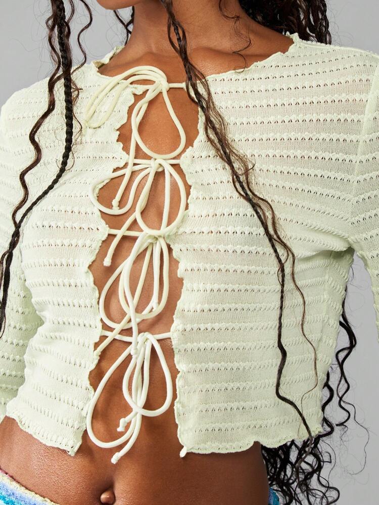 MISSGUIDED Textured Tie Front Sweater Knit Crop Top Bell Sleeve Bohemian Festival Resort Beach Summer Christmas