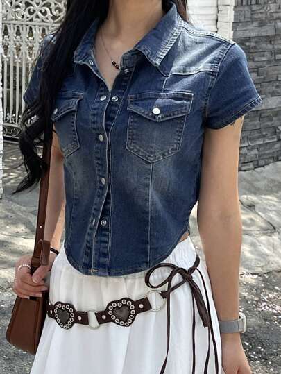 DAZY 马球领做旧毛边短袖牛仔上衣