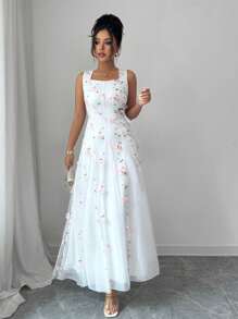 Rafferiza 女士优雅 A 字形连衣裙，3D 花卉装饰，方领，网眼拼接，束腰，适合派对和婚礼，春夏季 - 彩色 - 查看 5