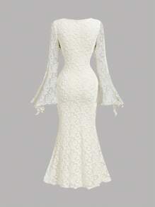 SHEIN MOD V-Neck Flare Sleeve Front Tie Waist Flocked Mermaid Hem Apricot Dress, White Lace Mermaid Dress, Ivory Lace Dress, Fishtail Lace Dress, White Mermaid Dress, Ivory Mermaid Dress, Elegant Dresses For Party, Dress, Wedding Guest Dress Women, Birthday Dresses For Women,Fall Wedding Guest Dress - Apricot - View 2