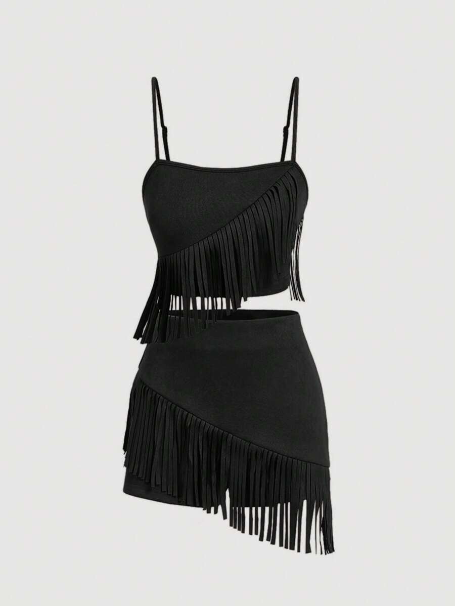 SHEIN MOD Women's 2pcs Black Suede Fringe Set, Music Festival Outfit, Western Style - Black - View 1