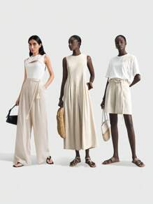 Ontre 女式四季杏色亚麻宽松度假连衣裙，优雅无袖后开衩女式长裙 - 杏色 - 查看 4