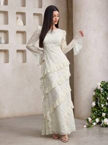 Veilorie Đầm Ả Rập dài tay cổ bèo nhún thanh lịch cho nữ - Màu vàng - Xem 7