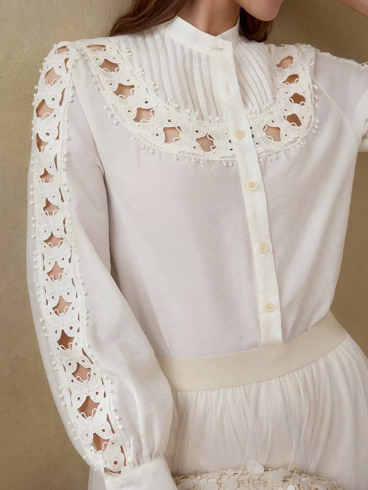 WOMEN'S ELEGANT PATCHWORK BUTTERFLY LACE PANEL LANTERN SLEEVE BLOUSE TOP