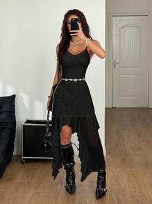 Coolane Women's Solid Color Asymmetrical Hem Casual Sleeveless Dress For Summer - Black - View 4