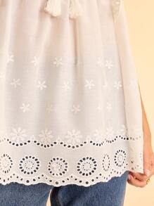 CAJUNI Blouse ample de vacances décontractée pour femme, encolure en V, manches lanternes, avec ourlet à volants brodé de style bohème pour les vacances à la plage - Blanc - Voir 7