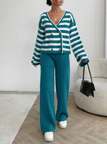 EURMUSE Women Stripe Pattern Front Button V-Neck Drop Shoulder Cardigan & Sweater Pants Set - Green - View 3