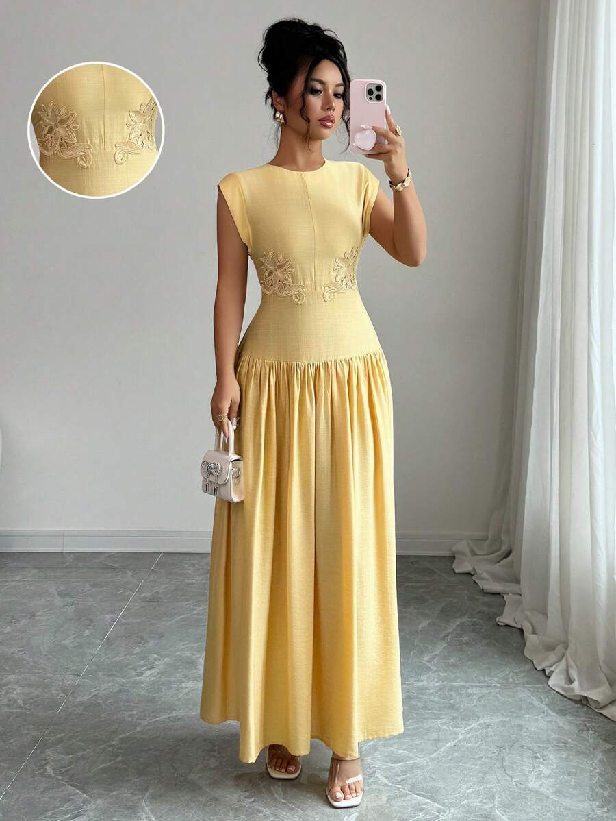 Elenzga Vestido elegante y romántico de fibra de bambú para mujeres con detalles impresos, adecuado para la playa, la fiesta del té y el estilo del Medio Oriente - Amarillo - Ver 1