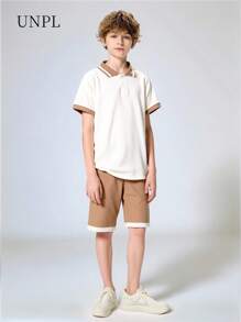 SHEIN Set de 2 piezas con camisa de polo a rayas de manga corta y pantalones cortos casuales para niño preadolescente