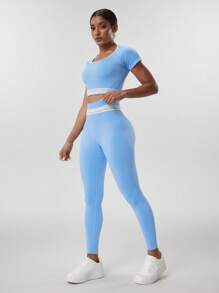 SHEIN Sports 女士拼色短袖长裤无缝运动套装 - 藍色 - 查看 4