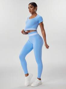 SHEIN Sports 女士拼色短袖长裤无缝运动套装 - 藍色 - 查看 6