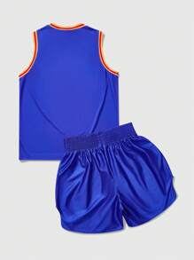 ROMWE MEN Prep Bộ đồ thể thao nam họa tiết rồng theo phong cách anime gồm áo và quần đùi. - Màu xanh lam - Xem 2