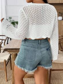 SHEIN LUNE Plus Size Women's Solid Color Knitted V-Neck Tie Front Hollow Out Flare Sleeve Cropped Cardigan, Minimalist Elegant Style For Summer Fall Winter Cloth For Women Autumn - White - View 2