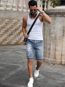 Manfinity Homme 男士笑脸印花毛边口袋时尚牛仔短裤 - 藍色 - 查看 5