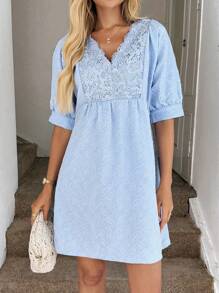 Easowa Summer Romantic Delicate Jacquard Blue V-Neck Bubble Dress, Suitable For Dating And Going Out  Summer Dress Vacation Dress Graduation Dresses For Women Lace Dress Tea Party Dress Fairy Dress - Blue - View 6