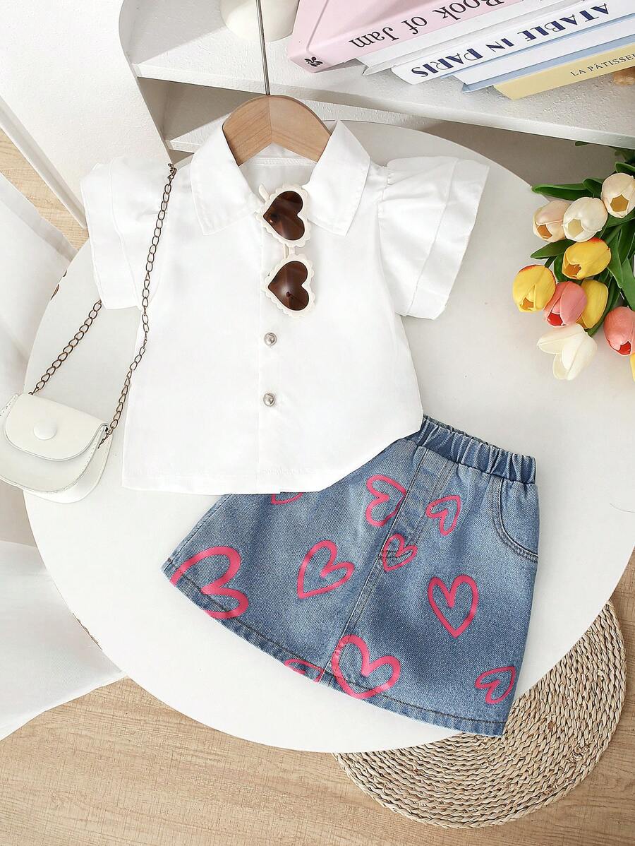 SHEIN 2 Pieces Young Girl Summer Back-To-School Clothes Set,Light Pink Heart Print Denim Skirt And White Shirt,Casual Comfortable School Kindergarten Outfit - White - View 1