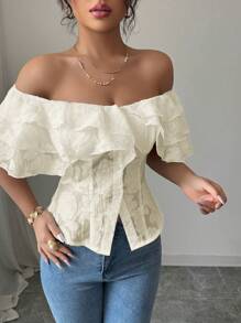 Elenzga Áo sơ mi hở vai nhún bèo lãng mạn ngọt ngào dành cho nữ, áo cánh ngắn thời trang cho mùa hè - Màu be - Xem 5