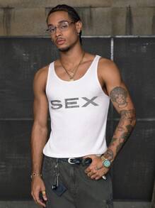 AXEPEAK Áo ba lỗ rộng rãi cổ tròn họa tiết chữ mùa hè cho nam - trắng - Xem 1