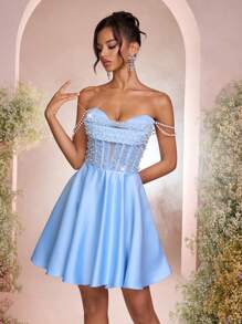 Lovelzi Elegant And Luxurious Light Blue Luxurious Satin Handmade Pearl Decoration Pearl Chain One Shoulder Drop Shoulder Sleeve Waist Section Sexy See-Through Short Style Large A-Line, Suitable For Dating, Bachelorette Party, Formal Evening Party, Prom Dress (Heavy Workmanship)