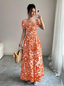 Elenzga New Women's Floral Print Bubble Sleeve Front Tie Back Drawstring Waist Long Casual Vacation Date Dress, Elegant And Graceful - Orange - View 7