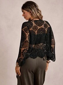 Freevana Plus Size Casual Solid Color Openwork Knit Cardigan Winter Fall Autumn - Black - View 2