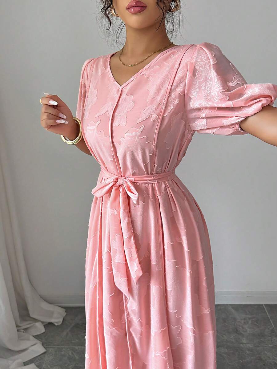 Modelyn Women's Woven Cut-Out Fabric Short Sleeve Tie Waist Design French Style Dress - Pink - View 1