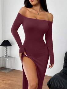 INAWLY 红色性感露肩高开衩长裙 - 酒紅色 - 查看 4