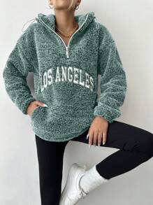 EURMUSE Women's Hooded Drawstring Zipper Letter Print Long Sleeve Fashionable Jacket - Mint Green - View 3