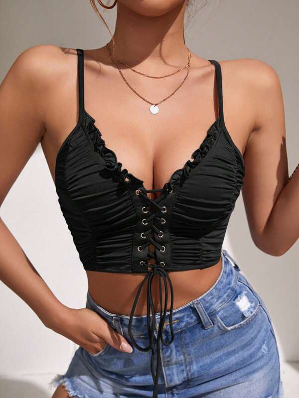 SHEIN Privé Bluză de vară sexy cu volane și șireturi în culoare solidă