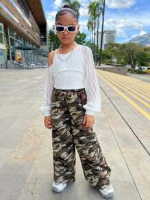 2pcs Girls Casual Tween Set, Black & Beige, Hollow Knit Short Sleeve Top, Camisole, Camouflage Cargo Pants, Streetwear Style, Matching Parent-Child, Back To School, Autumn/Winter - Multicolor - View 7