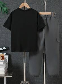 SHEIN 2pcs Tween Boy Set: Letter Print Short Sleeve T-Shirt And Solid Color Pocket Long Pants