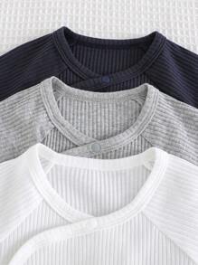 Cozy Pixies 3 Pieces Set Newborn Baby Boy/Girl Solid Color Soft Knit Round Neck Short Sleeve Bodysuit - Multicolor - View 4