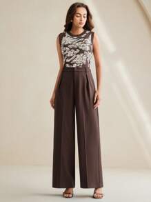 Anewsta Women Floral Pattern Round Neck Casual Knit Sweater Vest - Coffee Brown - View 2