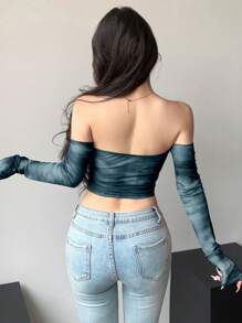 DAZY Áo thun nữ tay dài hở vai lưới nhuộm loang màu thời trang mùa hè - Xám - Xem 2