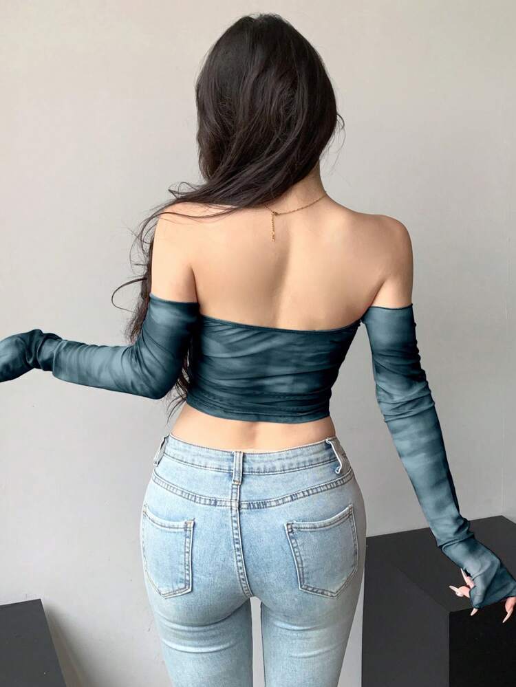 Tie Dye Mesh Cropped Off Shoulder Long Sleeve Women's Top Going Out Tops Summer