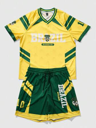 Street Life Conjunto de camiseta con estampado de fútbol de Brasil y logotipo "BRAZIL" en inglés para hombres, estilo deportivo y urbano americano de manga corta