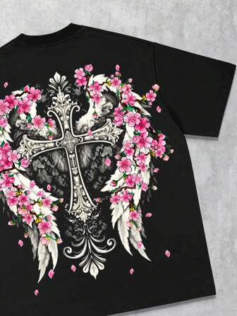Herren Goth Lässig T-Shirt mit Kreuz-, Blumen- und Flügel-Muster für Sommer, Halloween