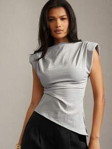 Hauture Old Money Sexy Business Casual Shoulder Pad Asymmetric Hem Tank Top For Women – Elegant Solid Sleeveless Office Lady Minimalist Blouse, Fitted Workwear, Chic Formal Summer Top