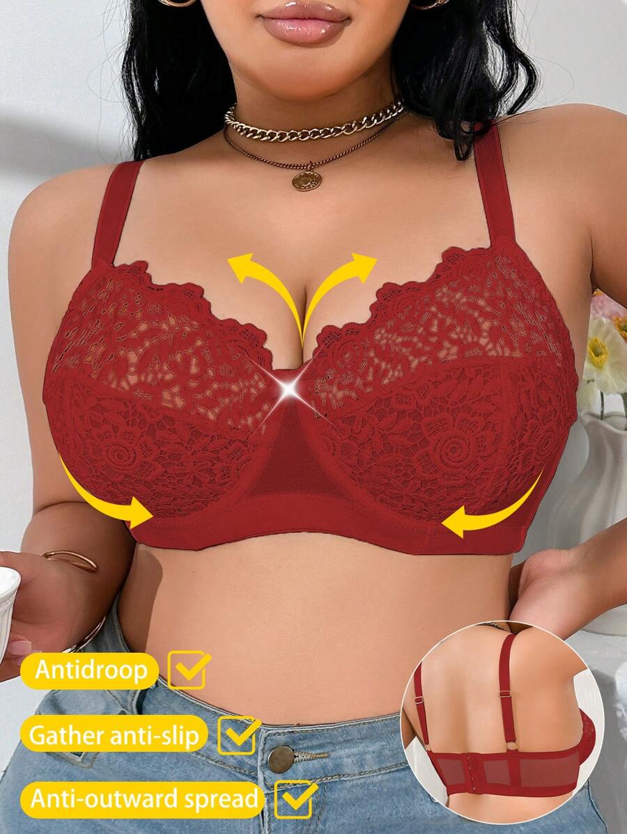 SHEIN 1pc Plus Size Embroidered Patchwork Underwire Bra, Lift - Red - View 1
