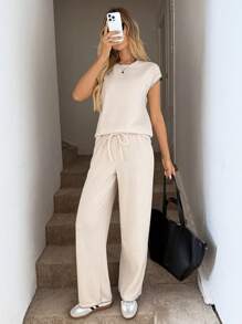 Easowa Sets For Women Clothing 2 Pieces Travel Outfits Spring Summer Matching Lounge Sets Casual Sets - Apricot - View 4