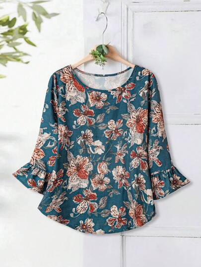 Rusticease Women's Allover Print Casual Round Neck 3/4 Sleeve Blouse, Summer Women Floral Tops Floral Tops For Women Women Casual Tops Women Casual Tops Flower Top Flower Tops For Women