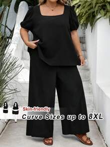 SHEIN CURVE+ Bộ đồ nữ cỡ lớn bằng vải cotton crepe giặt, 2 món, áo cổ vuông tay ngắn màu trơn cỡ lớn và quần rút dây, trang phục đi nghỉ mùa hè/đồng quê/bãi biển/trang phục đi biển/đồ mặc đi biển - màu đen - Xem 1