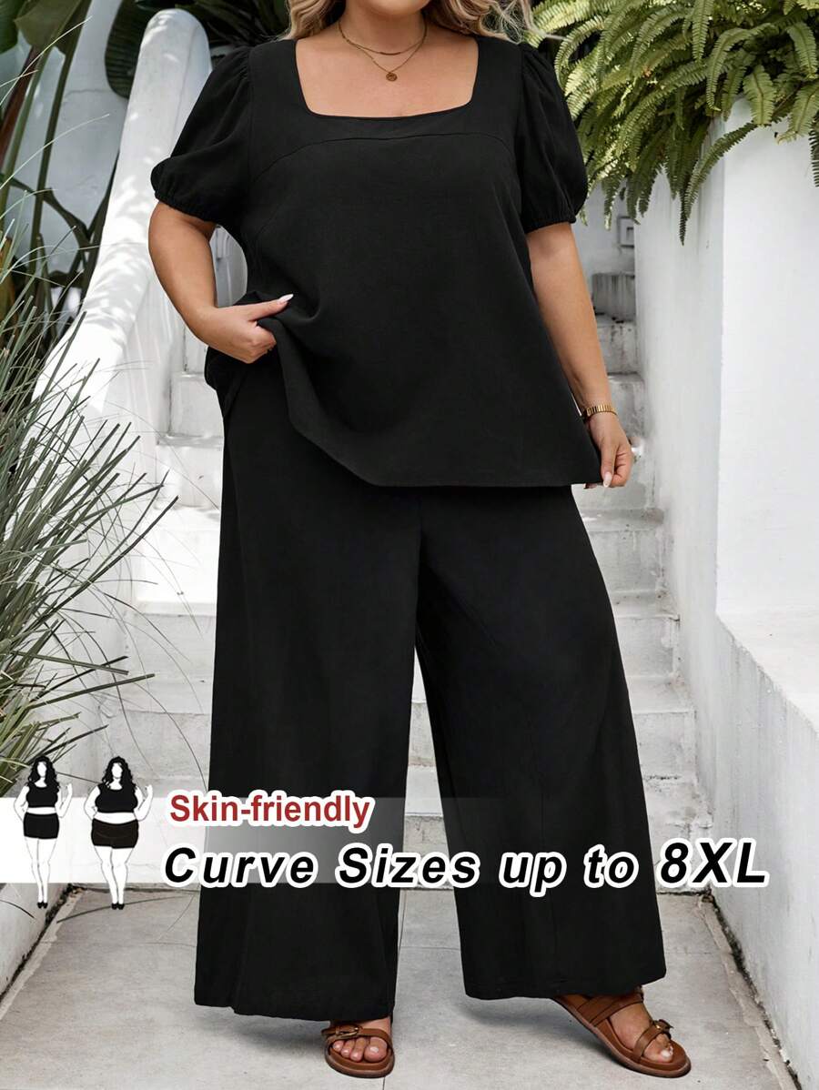 SHEIN CURVE+ Bộ đồ nữ cỡ lớn bằng vải cotton crepe giặt, 2 món, áo cổ vuông tay ngắn màu trơn cỡ lớn và quần rút dây, trang phục đi nghỉ mùa hè/đồng quê/bãi biển/trang phục đi biển/đồ mặc đi biển - màu đen - Xem 1