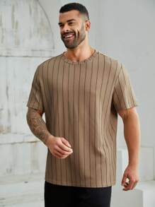 EASEVO Camiseta casual de verano de manga corta de punto a rayas para hombre de talla grande - Caqui - Ver 5
