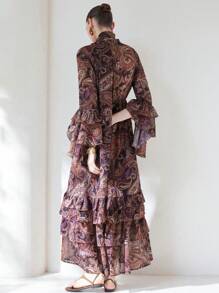Aveloria Modichic Váy Boho Elegant Holiday tay bèo nhún viền quá khổ có dây thắt lưng - Nhiều màu - Xem 2